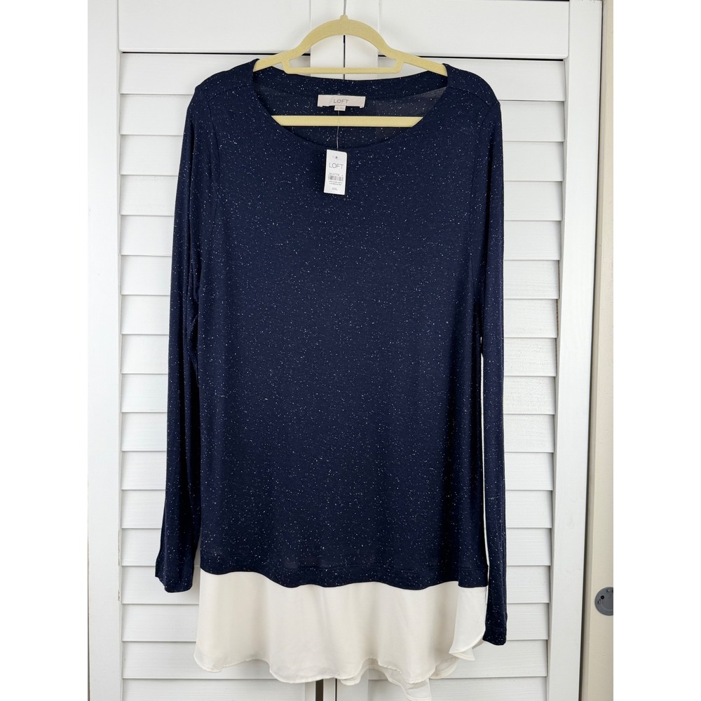 LOFT Layered Hem Top XXL Navy Blue Speckled Long Sleeve NEW